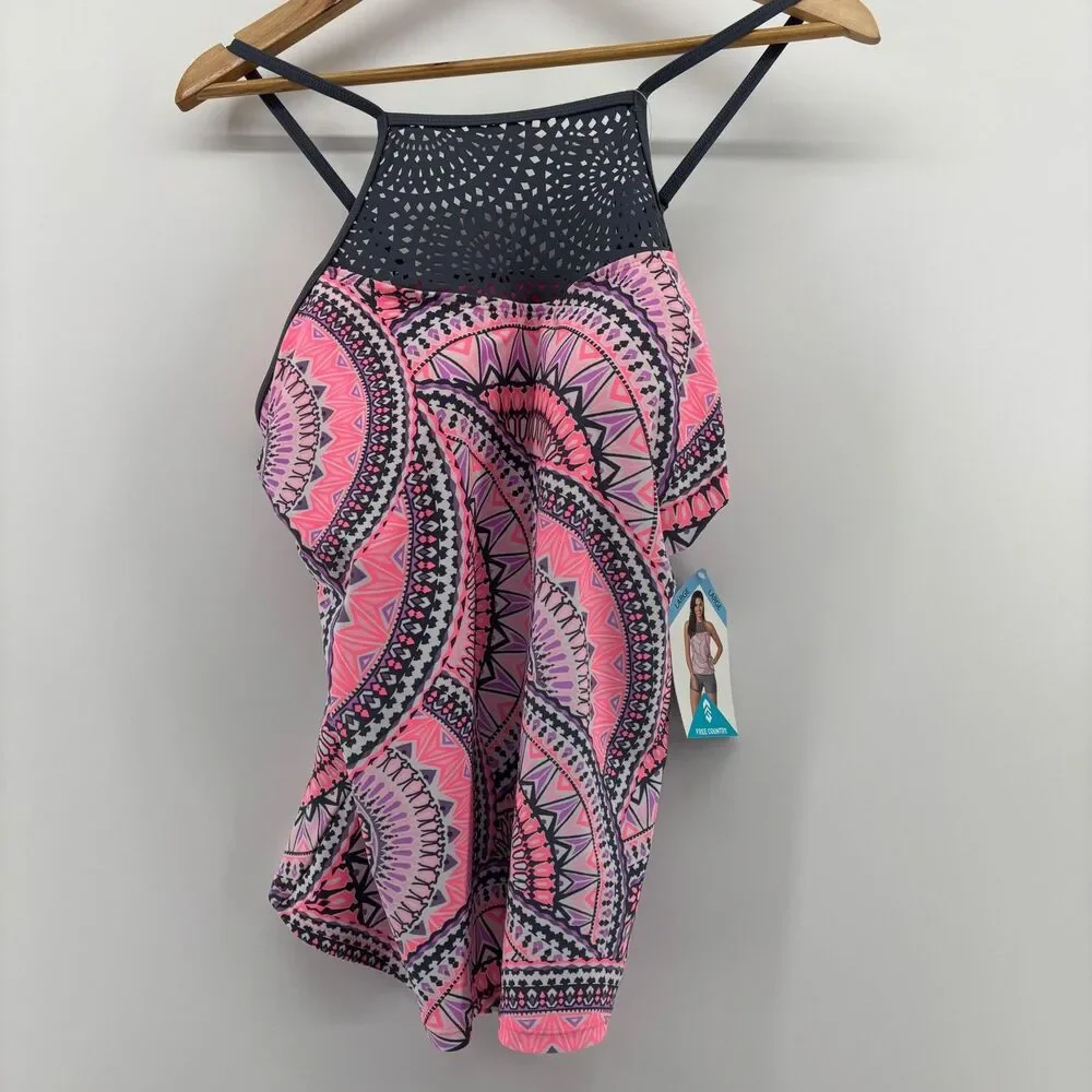 Free Country Tankini Top Womens Large Pink Purple Mandala Laser Cut Mesh NEW